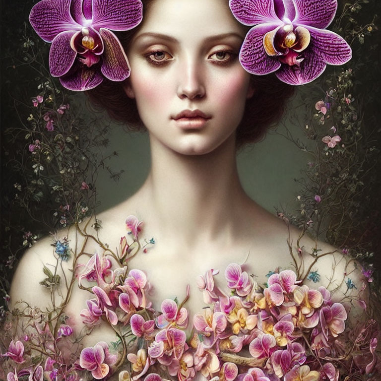 Vibrant purple orchids adorn woman in surreal portrait