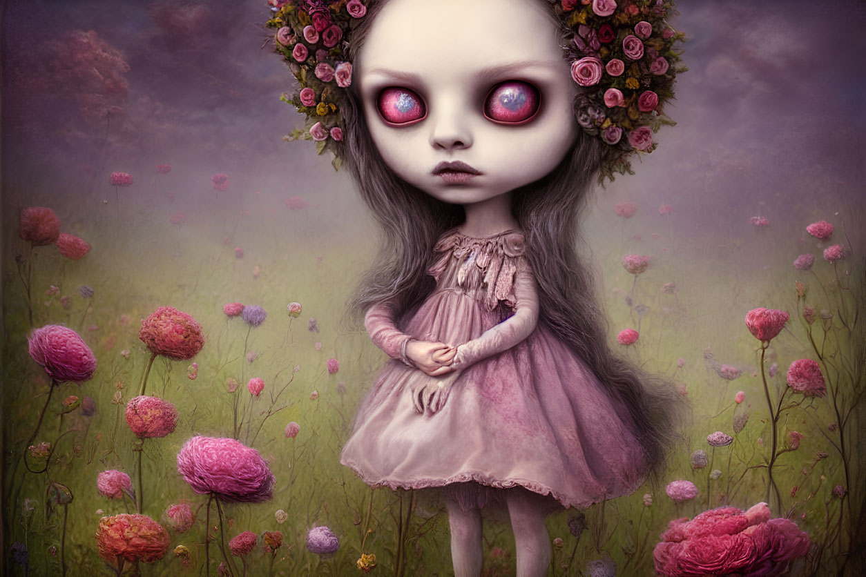 Illustration of child with oversized crimson eyes in surreal purple landscape