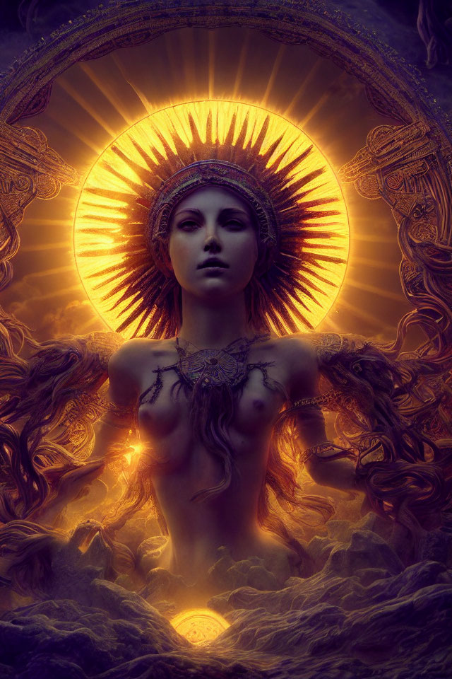 Mystical female figure with sun halo and ornate jewelry in celestial setting