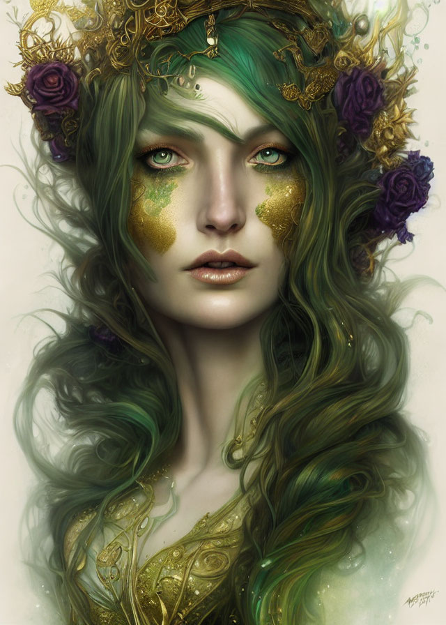 Portrait of Woman with Green Hair, Purple Flowers, and Gold Leaves