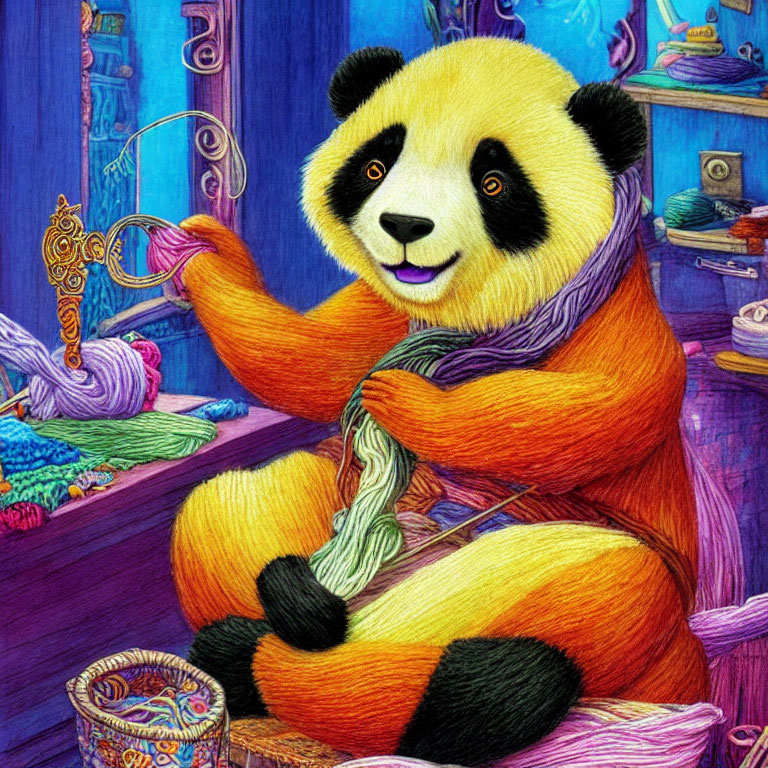 Vibrant illustration of panda knitting in colorful room