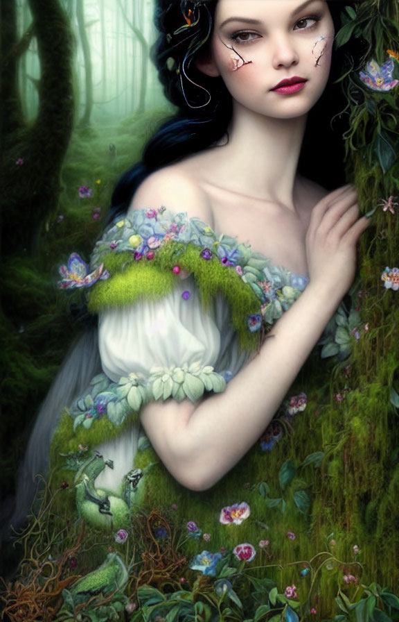 Ethereal woman in fantasy forest with foliage dress and butterfly