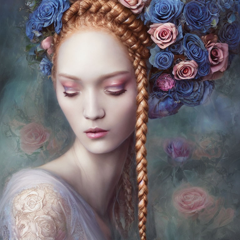 Woman with Braided Hair and Floral Adornments in Delicate Makeup