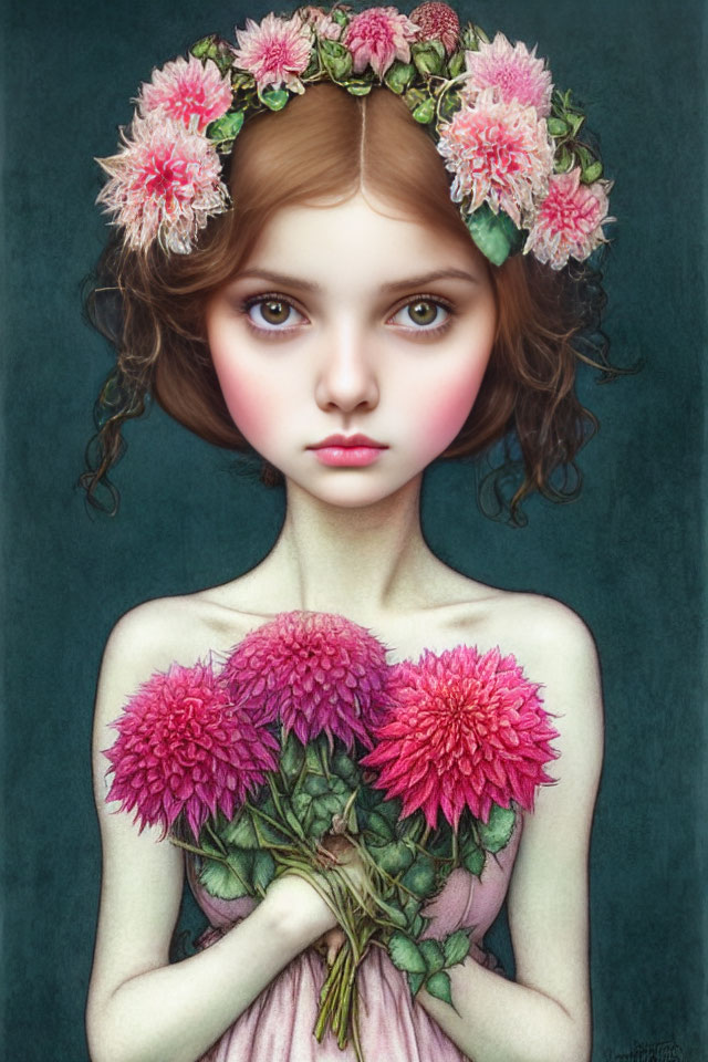 Portrait of a girl with big brown eyes and floral crown holding pink flowers