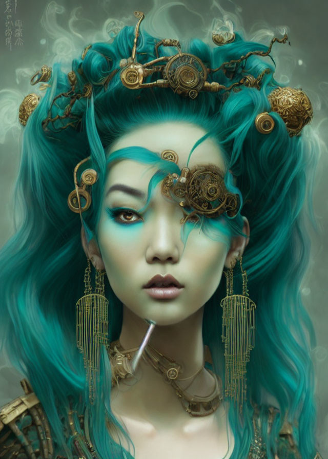 Turquoise-haired woman with steampunk style makeup and gears.