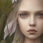 Surreal portrait of a girl with pale skin and light hair intertwined with dandelions