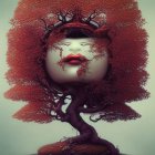 Surreal portrait of woman with tree trunk neck and red leaf hair