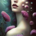 Surreal artwork: Woman with flowers and brain-shaped plants submerged in water