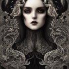 Gothic fantasy portrait of pale woman with black hair and ethereal wolf-like creatures.