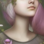 Surreal illustration of figure with purple hair and mushrooms in mystical forest