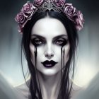 Pale skin, black lipstick, red eyes, crown of roses, dramatic black eye makeup.