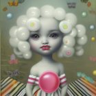 Surreal portrait of girl with cloud-like hair and third eye surrounded by colorful bubbles holding spherical object