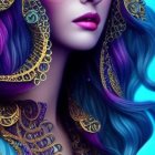 Vibrant purple and blue hair with golden filigree and roses portrait