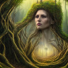 Mystical image of woman's face merging with tree in enchanted forest