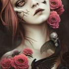 Ethereal figure with dark eyes among pink flowers and black birds