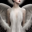 Elegant woman in white feathered headpiece and outfit