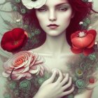 Colorful Surreal Portrait with Red-Haired Person, Flowers, and Bird