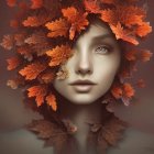 Surreal portrait of woman's face merging with autumn tree