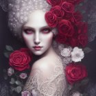 Pale woman with red eyes among red and white roses and intricate white hair