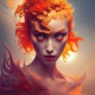 Fiery Red Hair Portrait with Orange Flowers and Gold Details