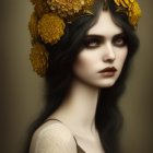 Dark-haired woman in striking makeup with yellow flower crown on sepia backdrop