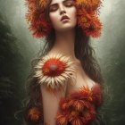 Surreal portrait of woman with orange flowers in misty forest