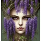 Mystical female face with yellow eyes in wisteria flower setting