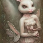 Surreal humanoid rabbit painting with dress, bouquet, and unique features