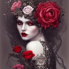 Pale-skinned woman with red eyes, dark hair, red roses, and grey patterns