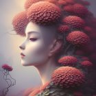 Fantasy illustration of woman with mushroom hair and dreamy background