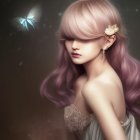 Fantasy portrait of female with pointed ears and lilac hair gazing at glowing butterfly on brown backdrop