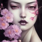 Stylized portrait featuring pale skin, purple roses, yellow eyes, and floral facial accents