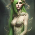 Fantasy elf with green hair, tattoos, horned headdress in dark forest