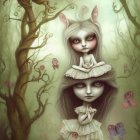 Whimsical fairy-like characters in forest with roses and pocket watches