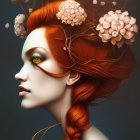 Surreal portrait of female figure with botanical elements in hair.