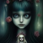 Surreal portrait featuring girl with oversized purple eyes and roses