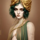 Illustration of person with green hair, golden headdress, red eyes, and green draped garment