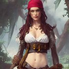 Woman in Red Headband and Fur Accented Corset Standing in Misty Setting