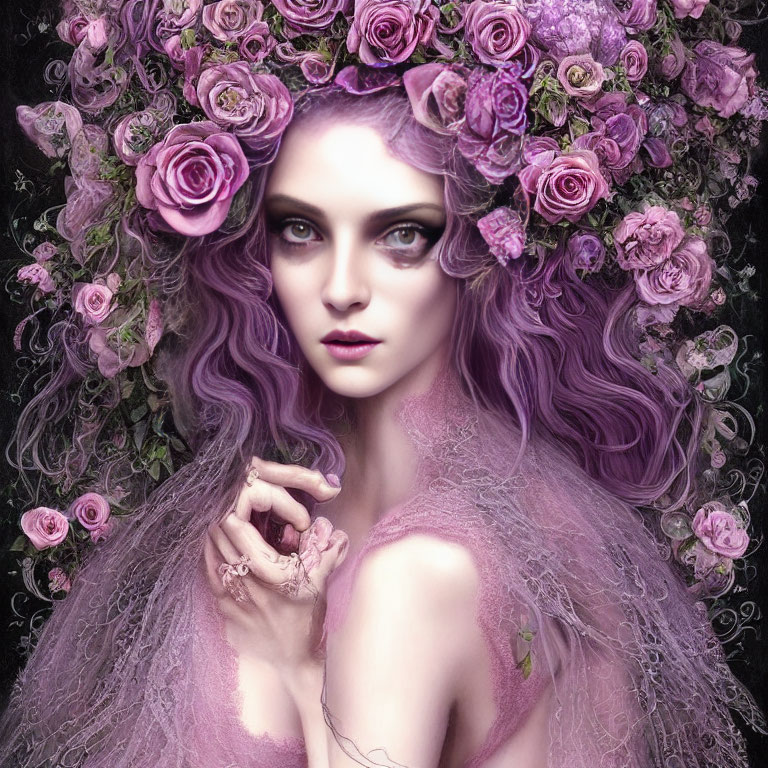 Portrait of Woman with Purple Hair, Rose Crown, Lavender Gaze, and Floral Attire