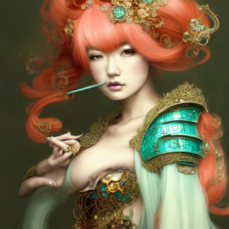 Illustration of woman with flowing orange hair and gold ornaments holding emerald shoulder armor