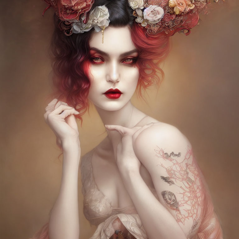 Stylized portrait of woman with red and black hair, floral headpiece, and tattooed arms