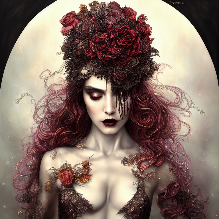 Vivid Red-Haired Woman with Dark Floral Headdress in Gothic Fantasy Portrait