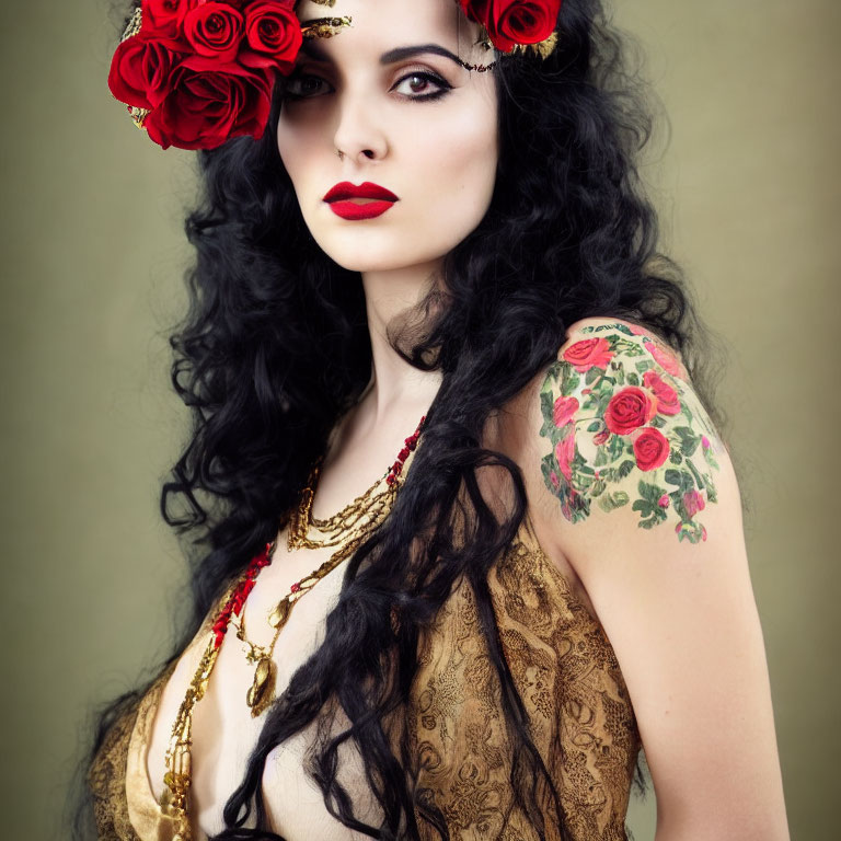 Black-haired woman with red lipstick and floral tattoo in golden outfit.