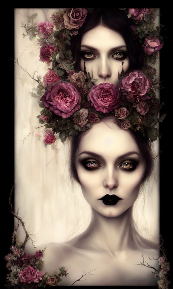 Gothic-style portrait with pale skin, black lipstick, dark eyes, and roses.