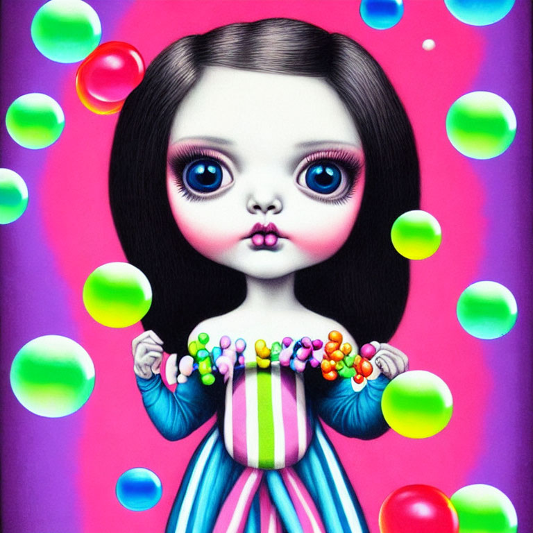 Wide-eyed girl with candies in surreal portrait against vibrant bubbles