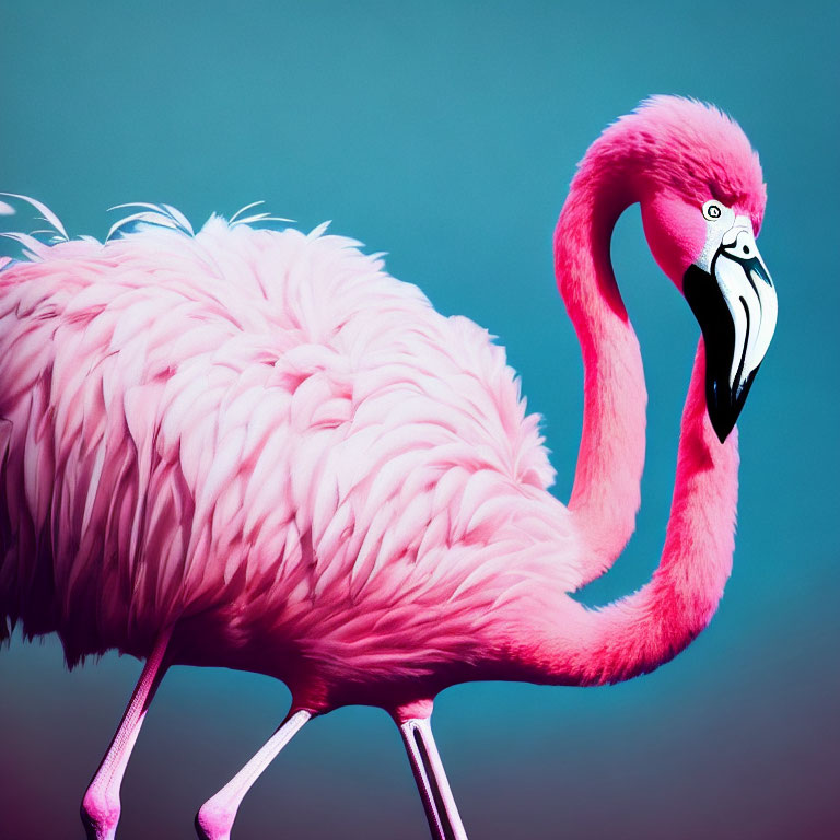 Pink Flamingo with Vibrant Plumage on Turquoise Background