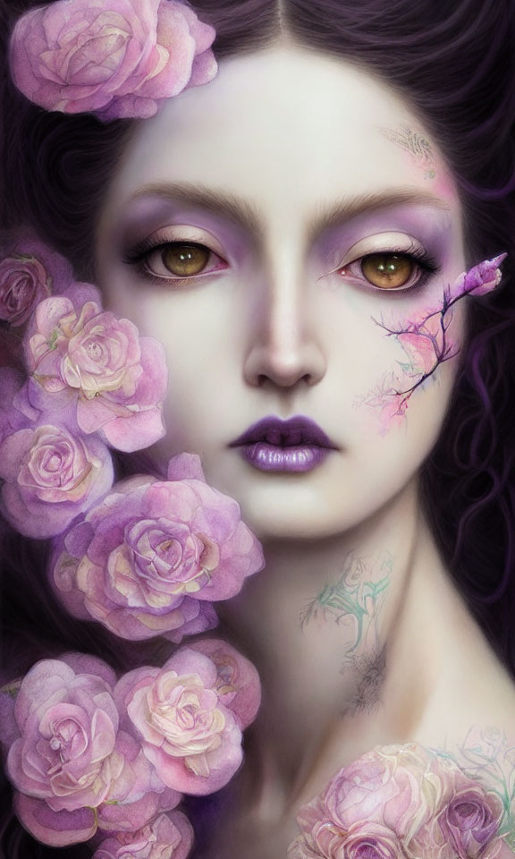 Stylized portrait featuring pale skin, purple roses, yellow eyes, and floral facial accents