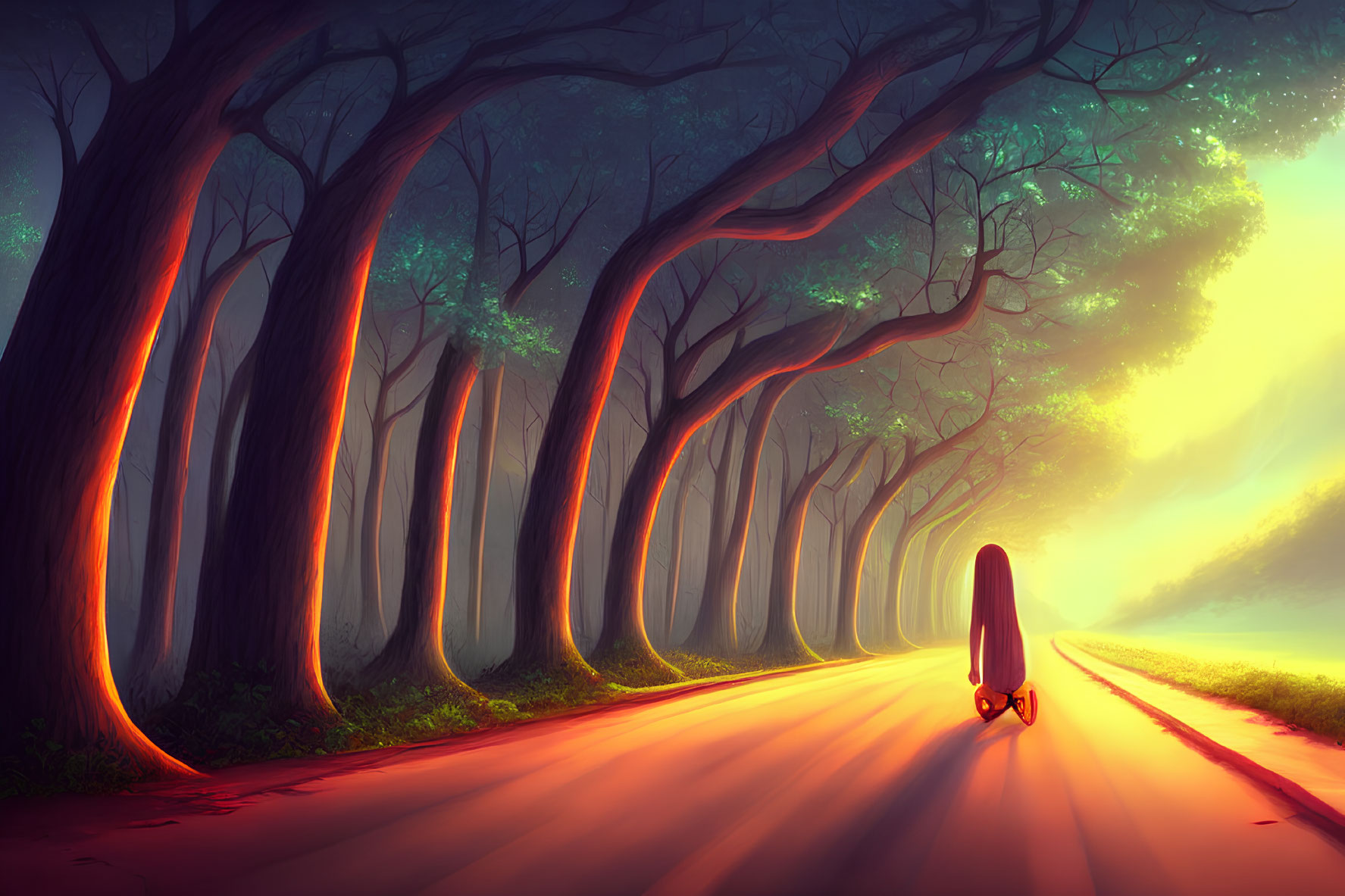 Skateboarder on sunlit path surrounded by majestic trees