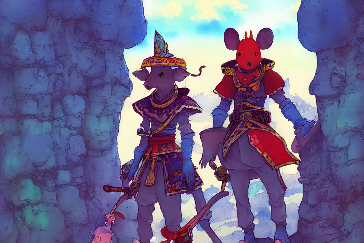 Anthropomorphic mice in medieval armor amidst stone walls under cloudy sky