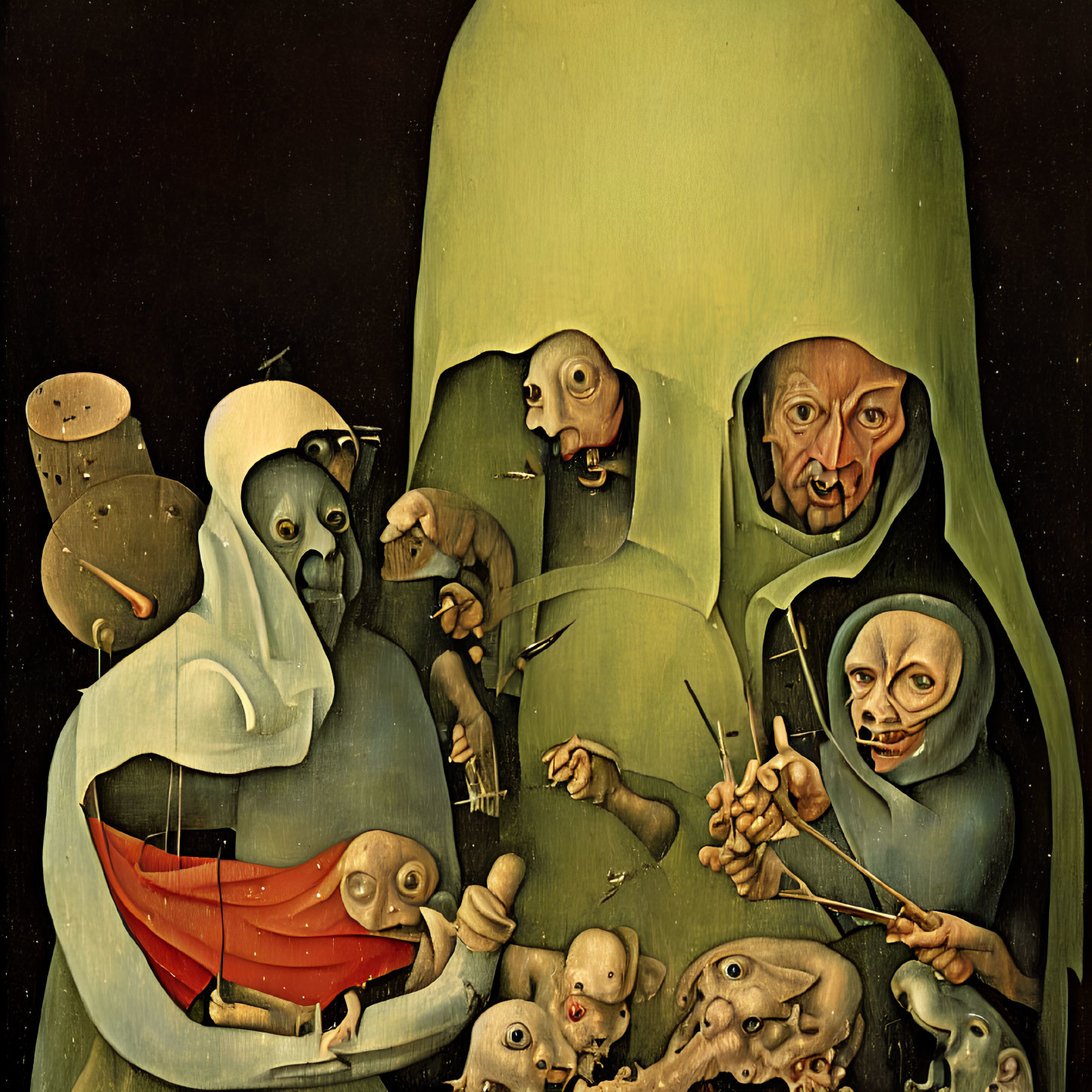 Surreal painting of grotesque humanoid figures in green cloak